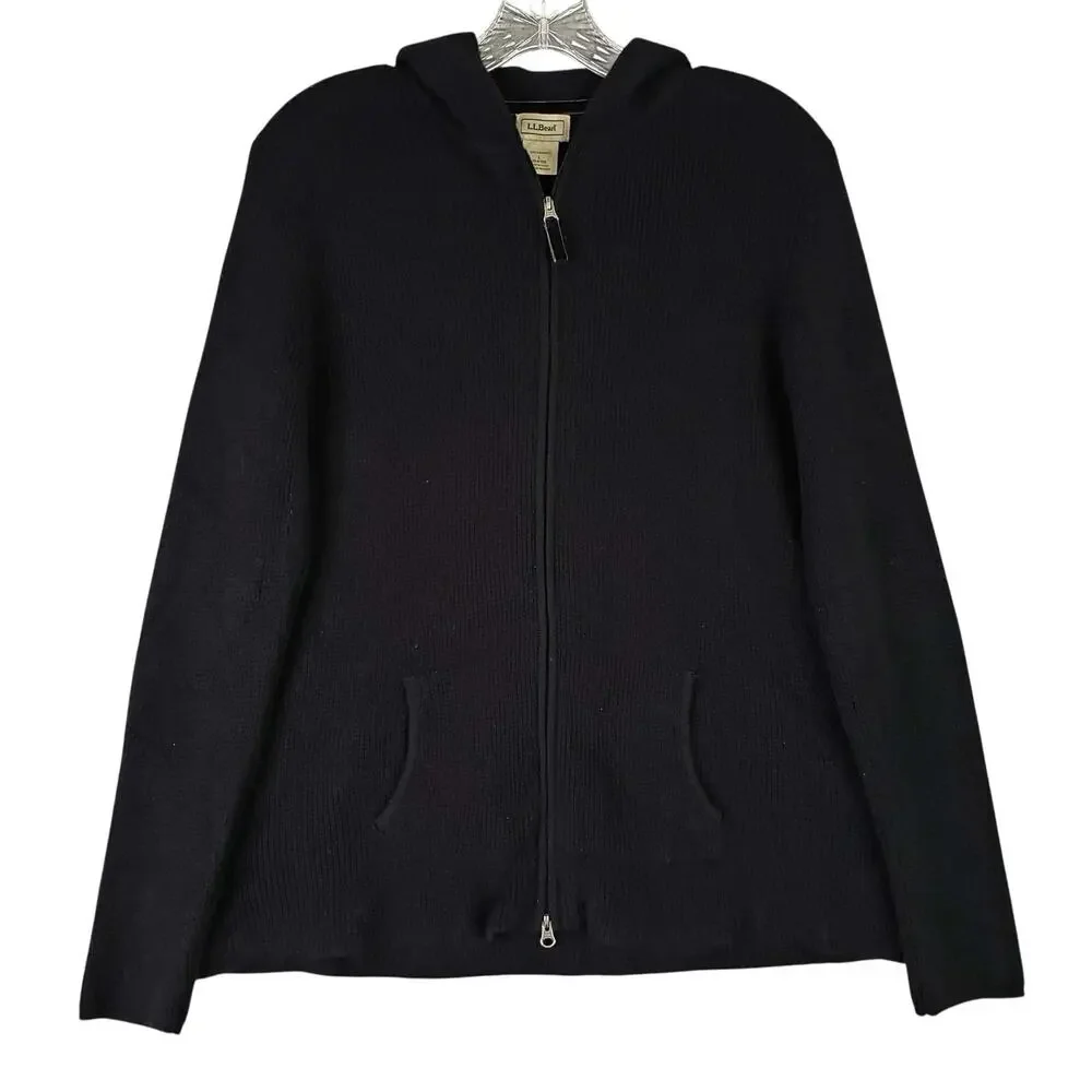 LL Bean Sweater Womens Size Large L Black Full Zip Knit Cashmere LS Hooded